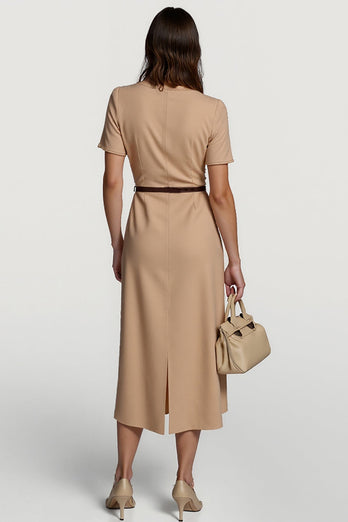 Short Sleeves Camel Pencil Midi Work Dress with Belt