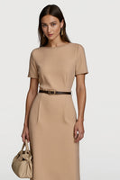 Load image into Gallery viewer, Short Sleeves Camel Pencil Midi Work Dress with Belt
