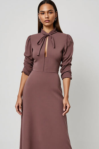 Long Sleeves Grey Purple Pencil Maxi Work Dress with Sash