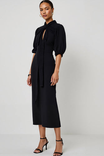 Black Pencil Maxi Half Sleeves Work Dress with Keyhole