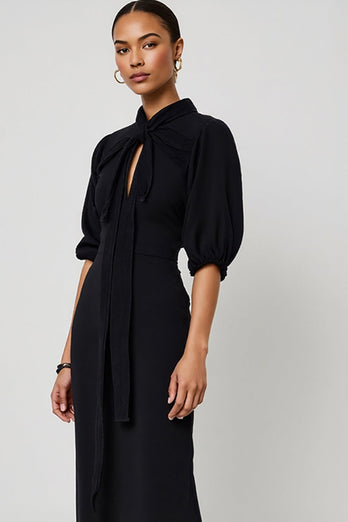 Black Pencil Maxi Half Sleeves Work Dress with Keyhole
