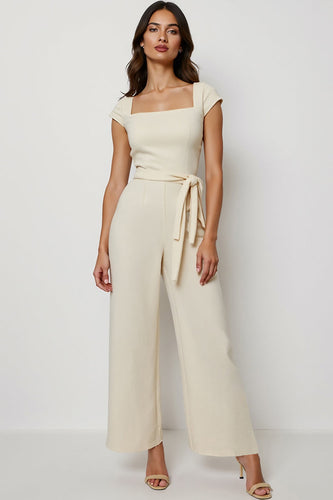 Square Neck Apricot Short Sleeves Work Jumpsuits with Sash