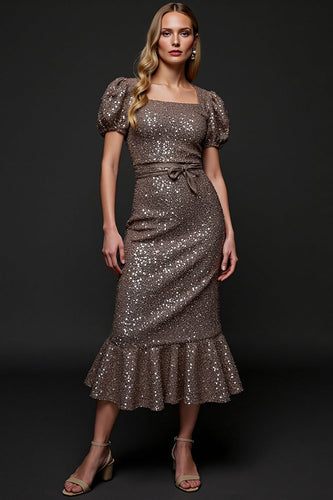 Sparkly Sequin Dark Grey Midi Holiday Party Dress with Sash