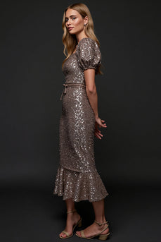 Sparkly Sequin Dark Grey Midi Holiday Party Dress with Sash