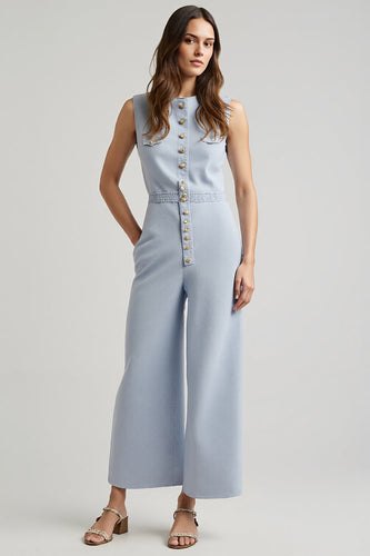 Blue Single Breasted Denim Work Jumpsuits with Pockets
