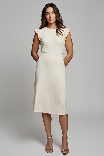 Round Neck Ivory Pencil Midi Work Dress with Ruffles