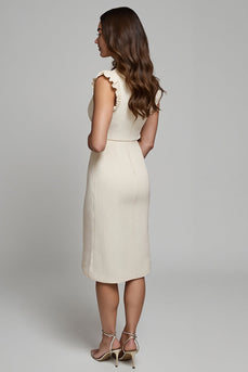 Round Neck Ivory Pencil Midi Work Dress with Ruffles