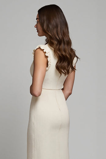 Round Neck Ivory Pencil Midi Work Dress with Ruffles