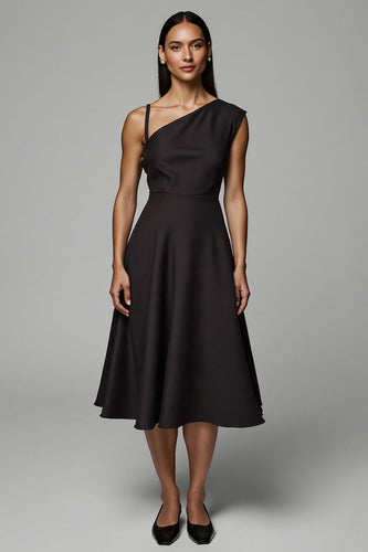 A Line Black One Shoulder Satin Midi Work Dress