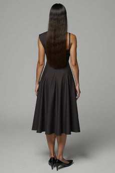 A Line Black One Shoulder Satin Midi Work Dress