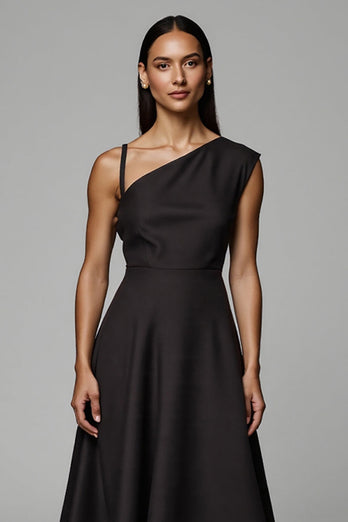 A Line Black One Shoulder Satin Midi Work Dress