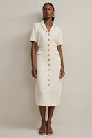 Load image into Gallery viewer, Notched Lapel Ivory Pencil Midi Blazer Dress
