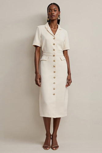 Notched Lapel Ivory Pencil Midi Blazer Dress