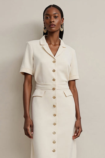 Notched Lapel Ivory Pencil Midi Blazer Dress