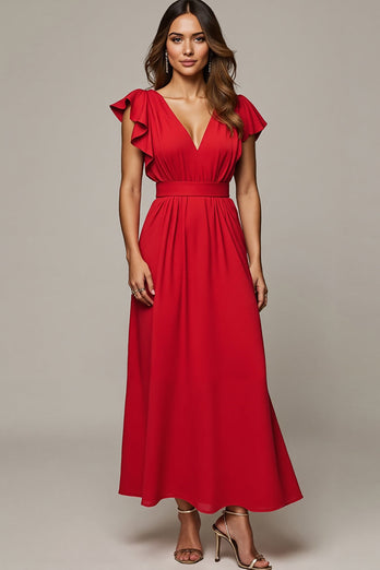 A Line V-Neck Red Long Wedding Guest Dress with Ruffles