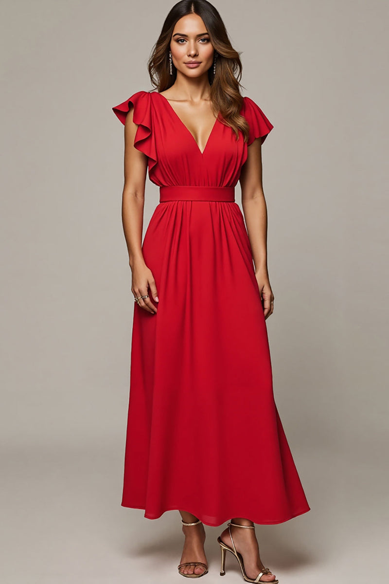 Load image into Gallery viewer, A Line V-Neck Red Long Wedding Guest Dress with Ruffles