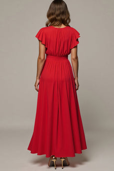 A Line V-Neck Red Long Wedding Guest Dress with Ruffles