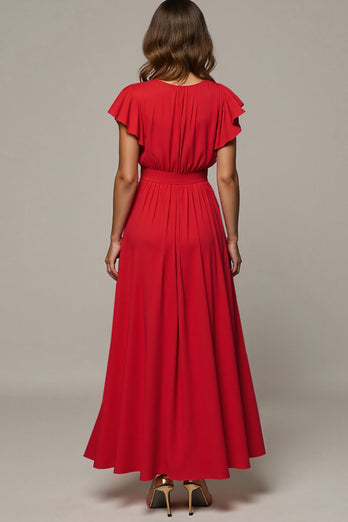 A Line V-Neck Red Long Wedding Guest Dress with Ruffles
