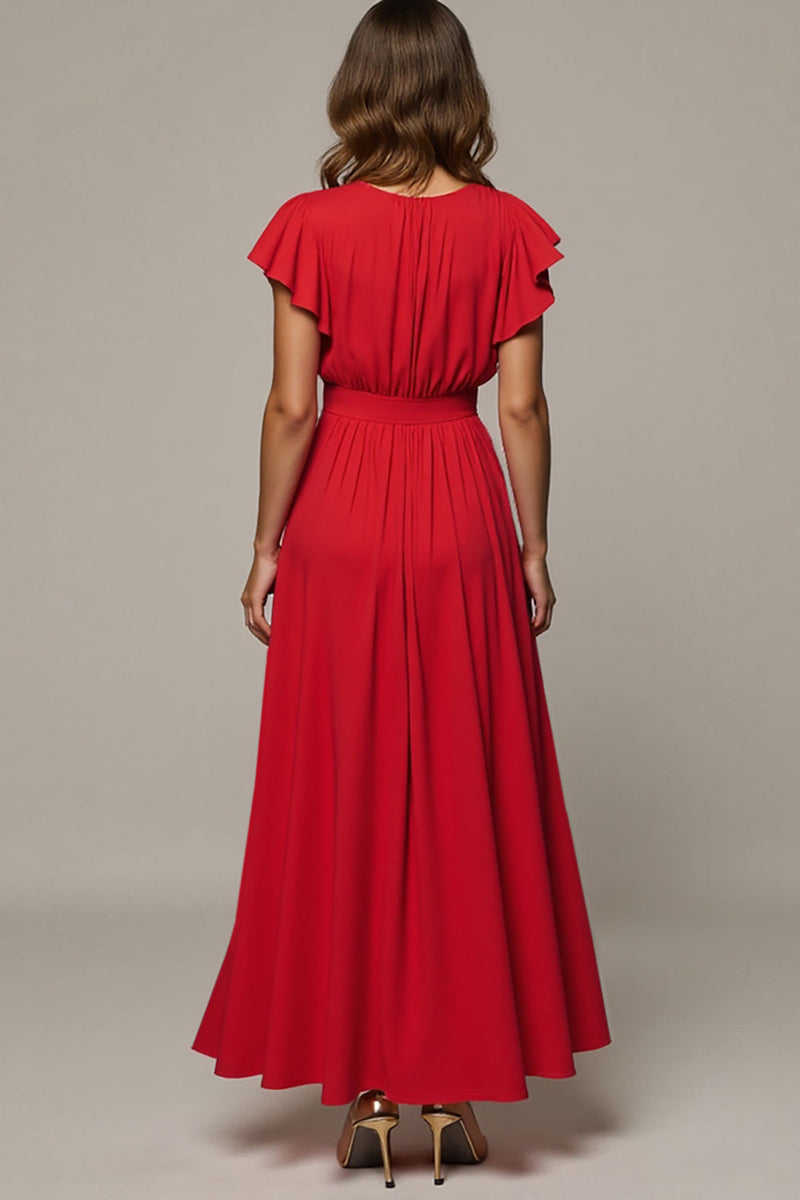 Load image into Gallery viewer, A Line V-Neck Red Long Wedding Guest Dress with Ruffles