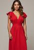 Load image into Gallery viewer, A Line V-Neck Red Long Wedding Guest Dress with Ruffles