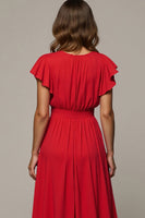 Load image into Gallery viewer, A Line V-Neck Red Long Wedding Guest Dress with Ruffles