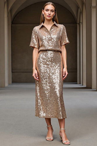 Sparkly 2 Piece Champagne Sequin Long Holiday Party Dress