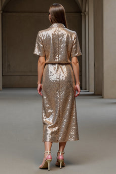 Sparkly 2 Piece Champagne Sequin Long Holiday Party Dress