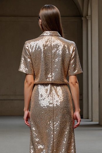 Sparkly 2 Piece Champagne Sequin Long Holiday Party Dress
