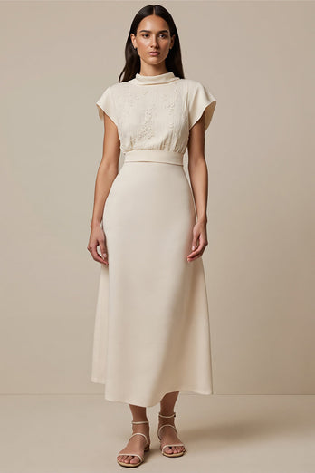 Ivory High Neck Short Sleeves Maxi Work Dress