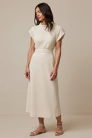 Load image into Gallery viewer, Ivory High Neck Short Sleeves Maxi Work Dress