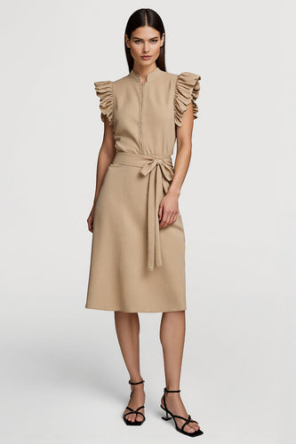 Ruffled Pencil Khaki Midi Work Dress with Sash