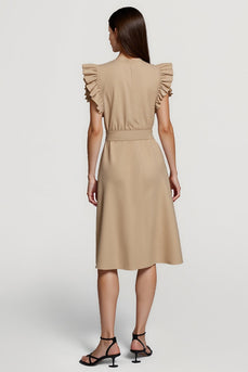 Ruffled Pencil Khaki Midi Work Dress with Sash