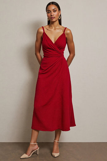 A Line Red Spaghetti Straps Ruched Long Semi Formal Dress