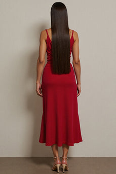 A Line Red Spaghetti Straps Ruched Long Semi Formal Dress