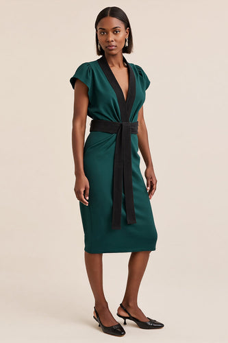 V-Neck Dark Green Midi Pencil Work Dress with Sash