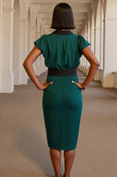 Load image into Gallery viewer, V-Neck Dark Green Midi Pencil Work Dress with Sash