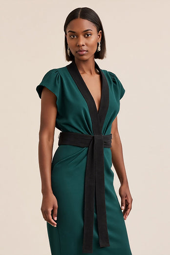 V-Neck Dark Green Midi Pencil Work Dress with Sash