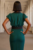Load image into Gallery viewer, V-Neck Dark Green Midi Pencil Work Dress with Sash