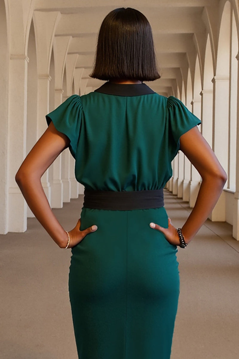 Load image into Gallery viewer, V-Neck Dark Green Midi Pencil Work Dress with Sash