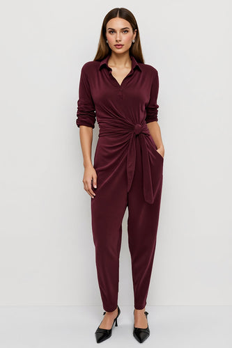 Burgundy Ruched Velvet Fitted Work Jumpsuits with Sash