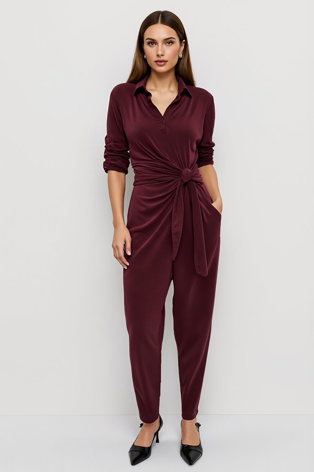 Burgundy Ruched Velvet Fitted Work Jumpsuits with Sash