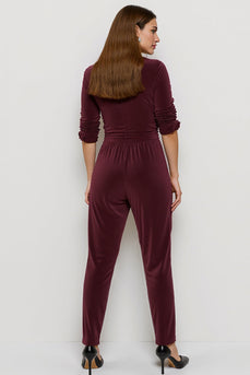 Burgundy Ruched Velvet Fitted Work Jumpsuits with Sash