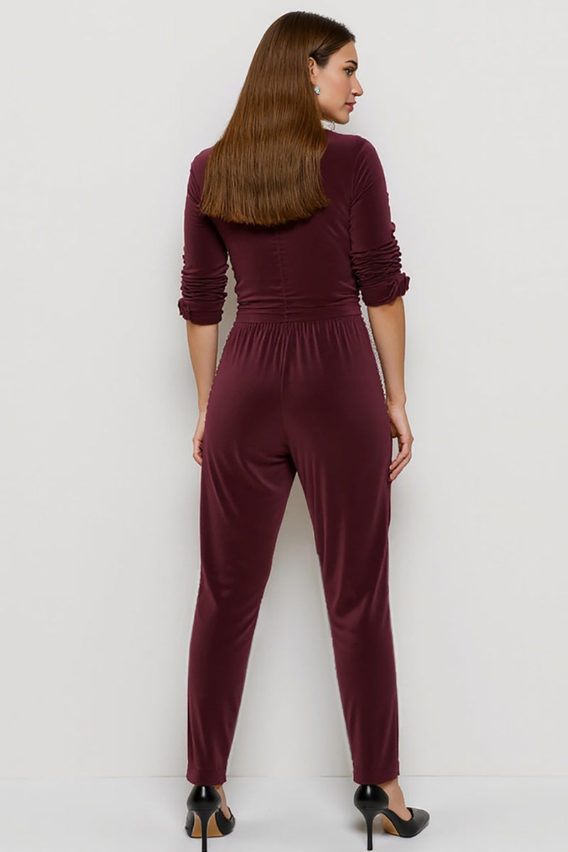 Load image into Gallery viewer, Burgundy Ruched Velvet Fitted Work Jumpsuits with Sash