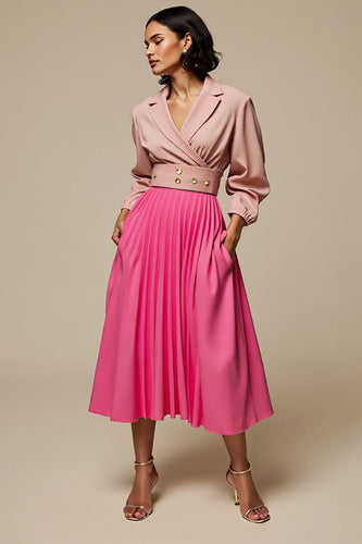 Notched Lapel Fuchsia 2 Piece Blouses and Skirt with Pockets