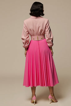 Notched Lapel Fuchsia 2 Piece Blouses and Skirt with Pockets