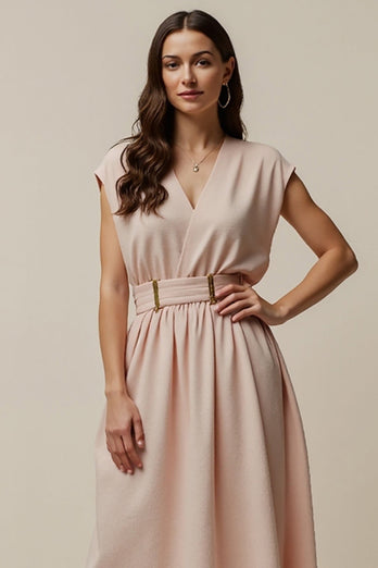 A Line V-Neck Blush Maxi Work Dress with Belt