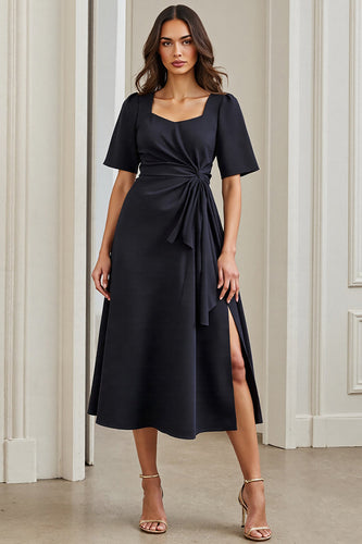 Navy A Line Short Sleeves Midi Ruched Work Dress with Slit