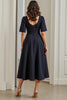Load image into Gallery viewer, Navy A Line Short Sleeves Midi Ruched Work Dress with Slit