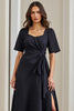 Load image into Gallery viewer, Navy A Line Short Sleeves Midi Ruched Work Dress with Slit
