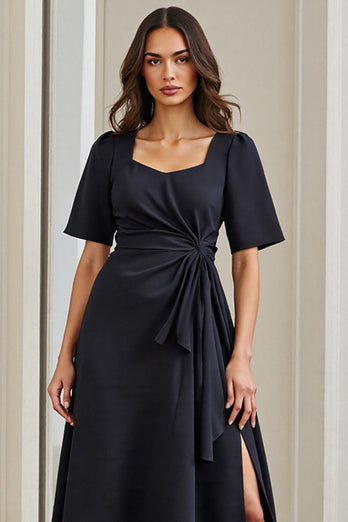 Navy A Line Short Sleeves Midi Ruched Work Dress with Slit